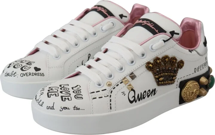 White Leather Crystal Queen Crown Sneakers Women's Shoes - Image 2