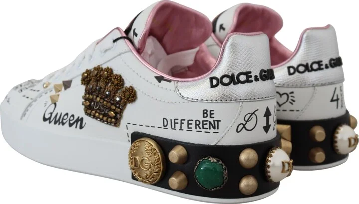 White Leather Crystal Queen Crown Sneakers Women's Shoes - Image 3