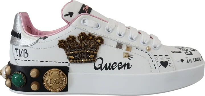 White Leather Crystal Queen Crown Sneakers Women's Shoes