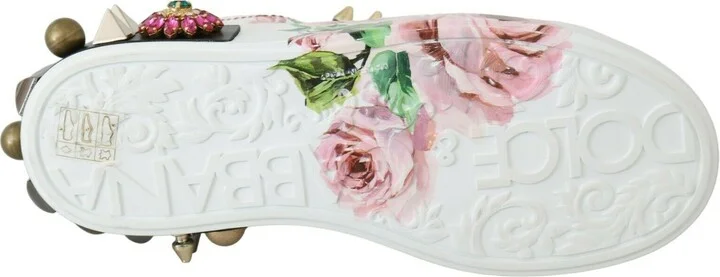 White Leather Crystal Roses Floral Sneakers Women's Shoes - Image 3
