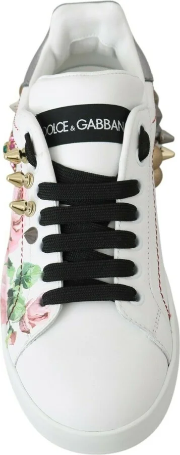 White Leather Crystal Roses Floral Sneakers Women's Shoes - Image 4