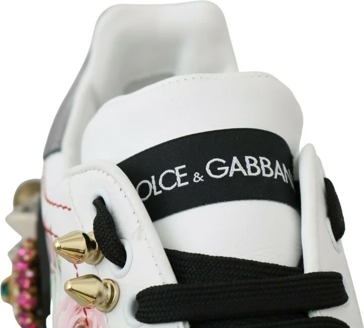 White Leather Crystal Roses Floral Sneakers Women's Shoes - Image 5