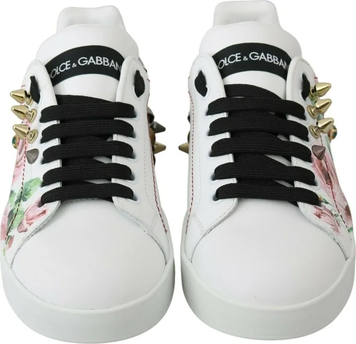 White Leather Crystal Roses Floral Sneakers Women's Shoes - Image 6