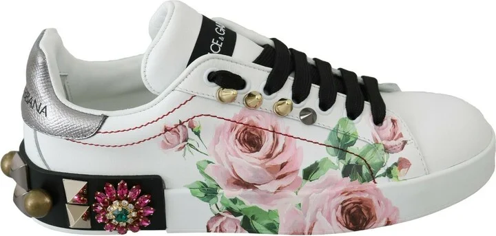 White Leather Crystal Roses Floral Sneakers Women's Shoes