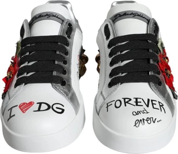 White Leather Floral Studded Sneakers Women's Shoes - Image 2