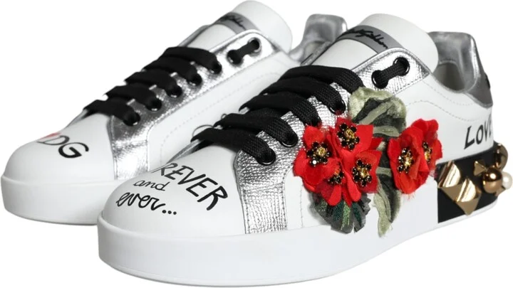 White Leather Floral Studded Sneakers Women's Shoes - Image 3