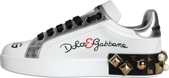 White Leather Floral Studded Sneakers Women's Shoes - Image 4
