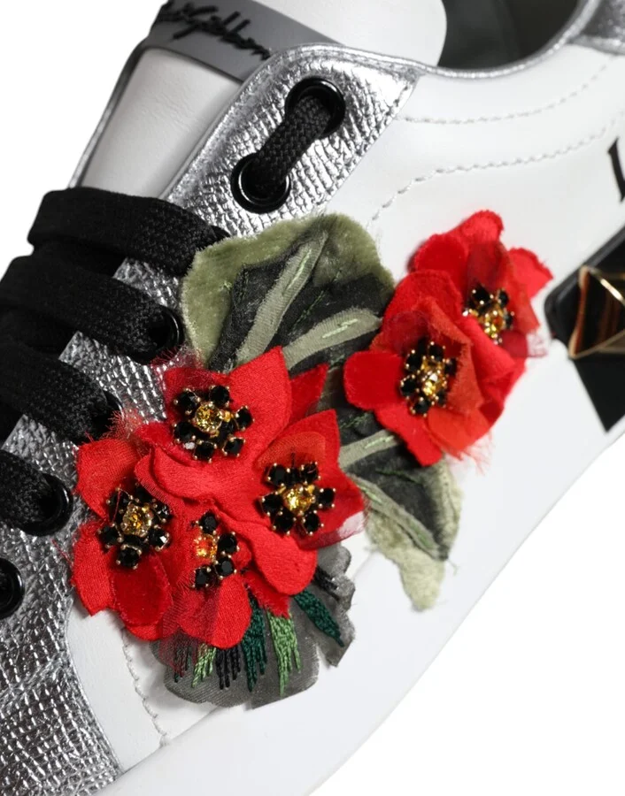 White Leather Floral Studded Sneakers Women's Shoes - Image 5