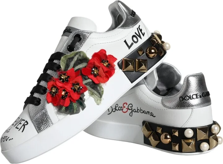 White Leather Floral Studded Sneakers Women's Shoes - Image 6