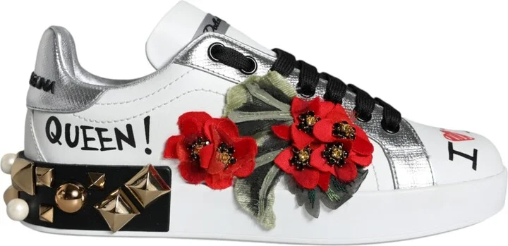 White Leather Floral Studded Sneakers Women's Shoes