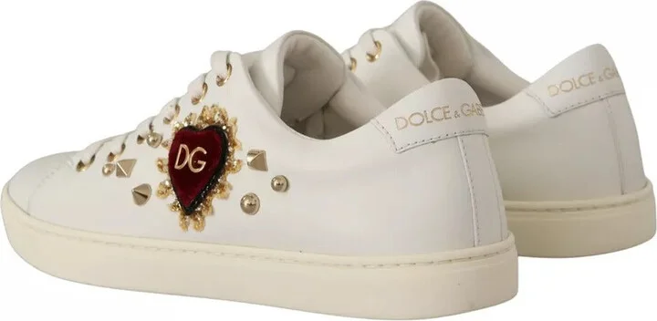 White Leather Gold Red Heart Sneakers Women's Shoes - Image 3