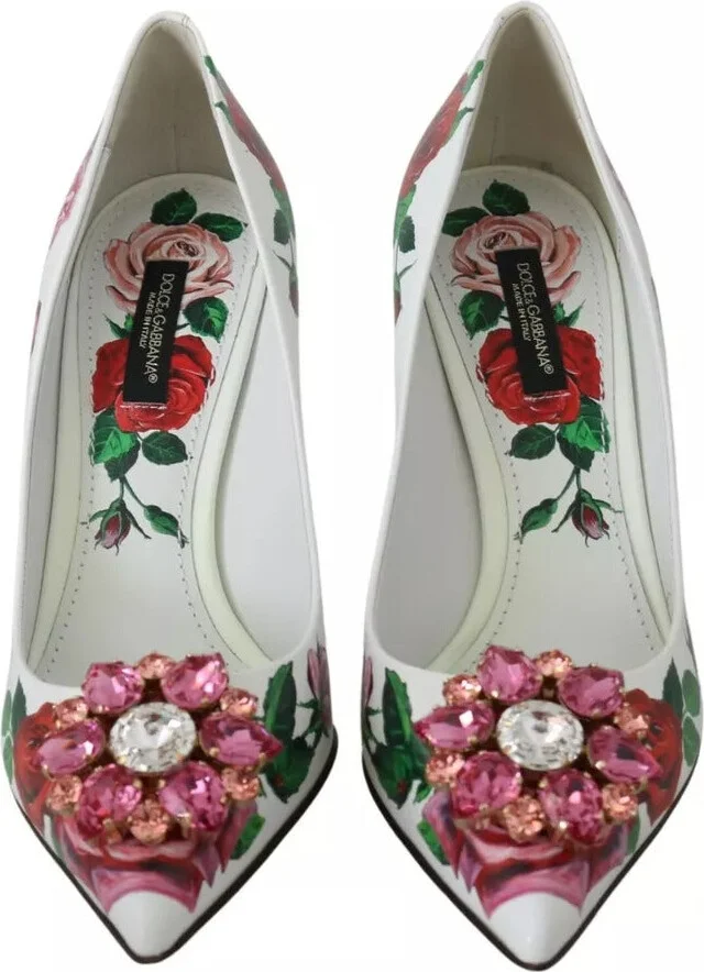 White Leather Roses Crystal Pumps Women's Shoes (Pre-Owned) - Image 2