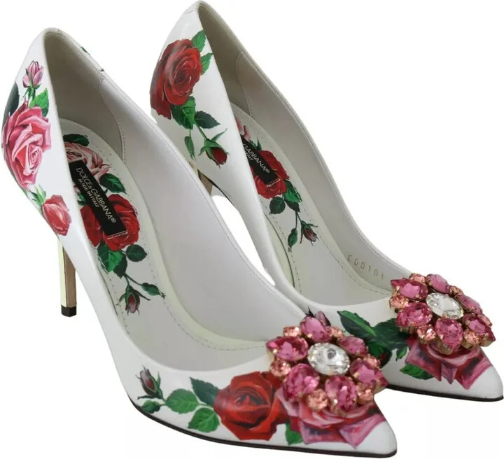 White Leather Roses Crystal Pumps Women's Shoes (Pre-Owned) - Image 3