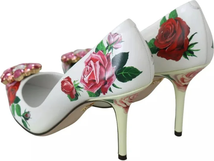 White Leather Roses Crystal Pumps Women's Shoes (Pre-Owned) - Image 4