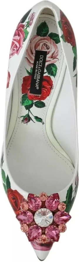 White Leather Roses Crystal Pumps Women's Shoes (Pre-Owned) - Image 5