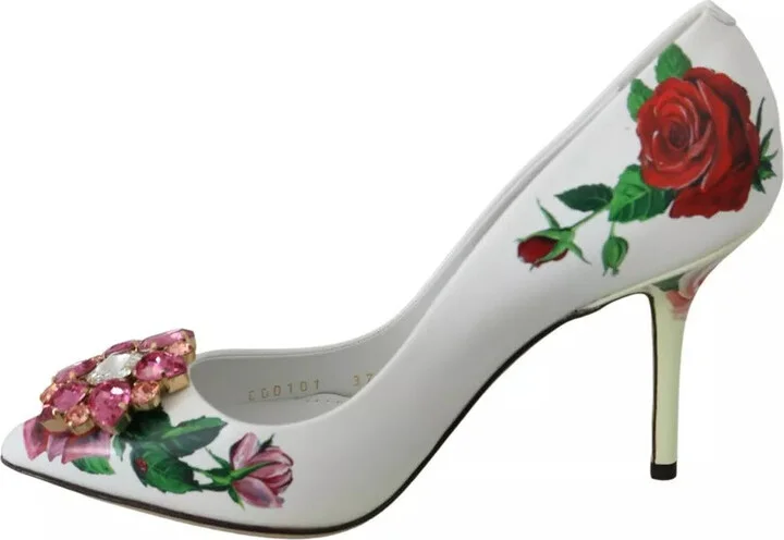 White Leather Roses Crystal Pumps Women's Shoes (Pre-Owned) - Image 6