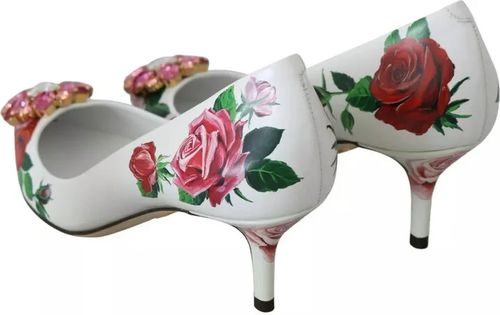 White Leather Roses Crystal Pumps Women's Shoes (Pre-Owned) - Image 2