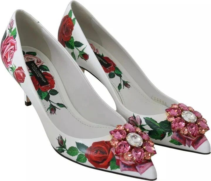 White Leather Roses Crystal Pumps Women's Shoes (Pre-Owned) - Image 3