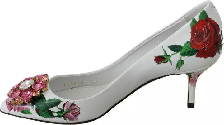White Leather Roses Crystal Pumps Women's Shoes (Pre-Owned) - Image 4