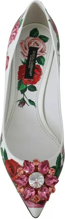 White Leather Roses Crystal Pumps Women's Shoes (Pre-Owned) - Image 5