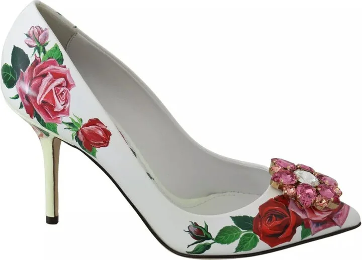 White Leather Roses Crystal Pumps Women's Shoes (Pre-Owned)