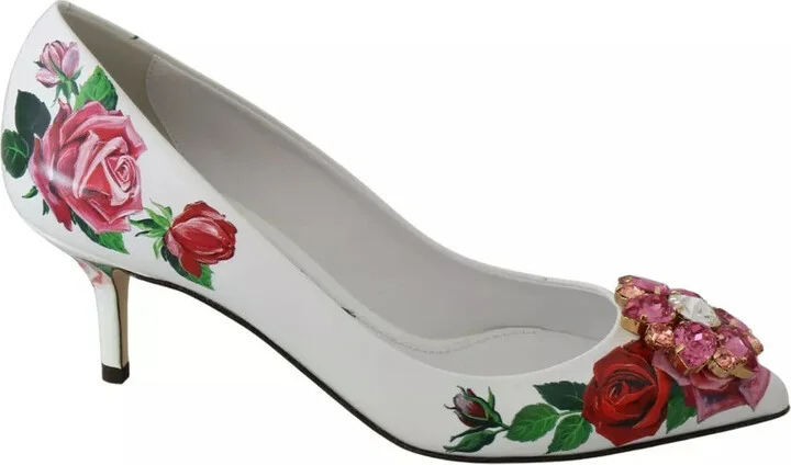 White Leather Roses Crystal Pumps Women's Shoes (Pre-Owned)