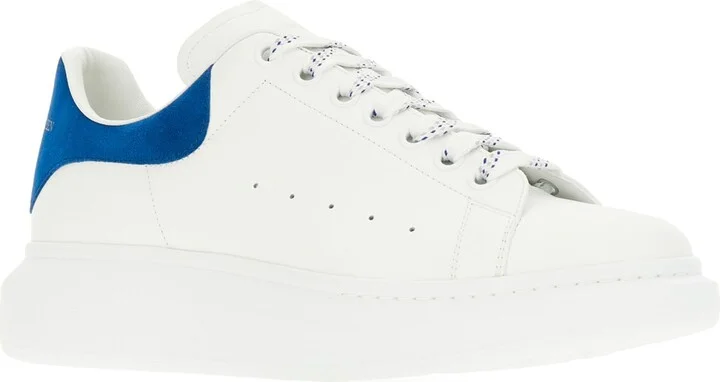 White Leather Sneakers With Blue Suede Heel - Image 2