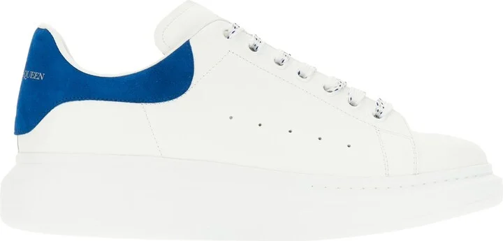 White Leather Sneakers With Blue Suede Heel