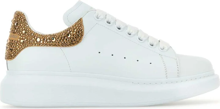 White Leather Sneakers With Embellished Suede Heel