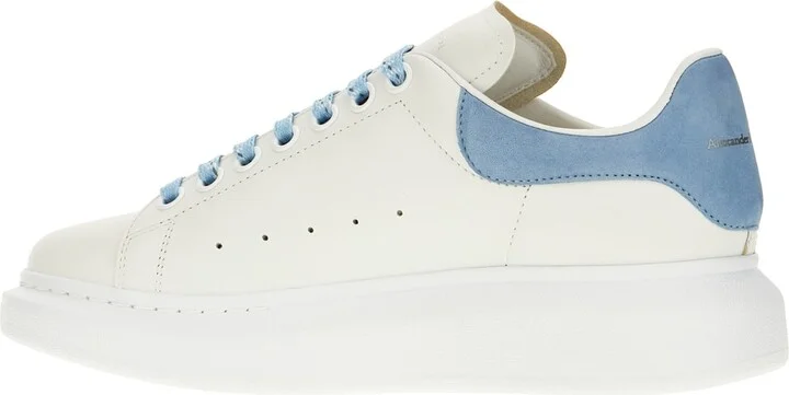 White Leather Sneakers With Light Blue Suede Heel - Image 3