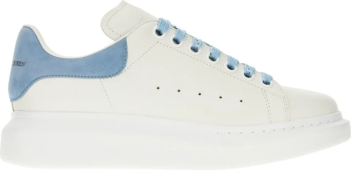 White Leather Sneakers With Light Blue Suede Heel