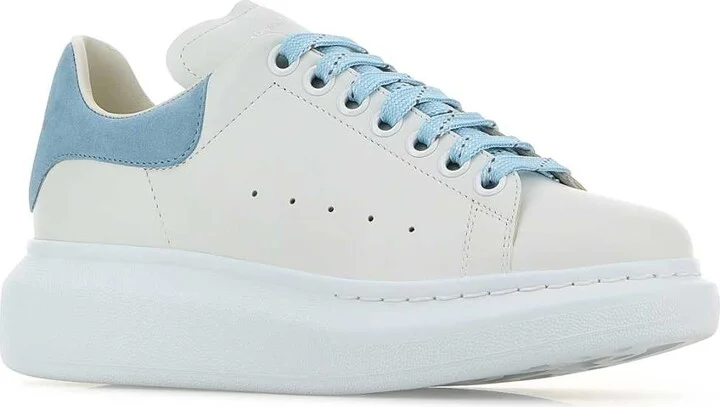 White Leather Sneakers With Pastel Light Blue Suede Heel - Image 2
