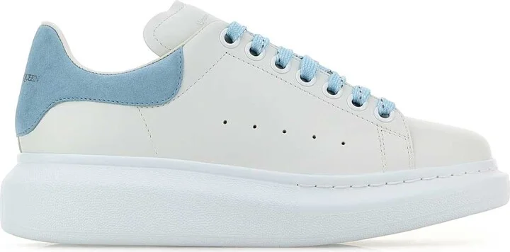White Leather Sneakers With Pastel Light Blue Suede Heel