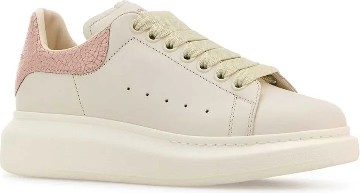 White Leather Sneakers With Pink Leather Heel - Image 2