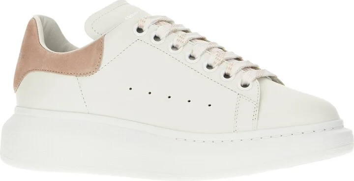 White Leather Sneakers With Pink Suede Heel - Image 2