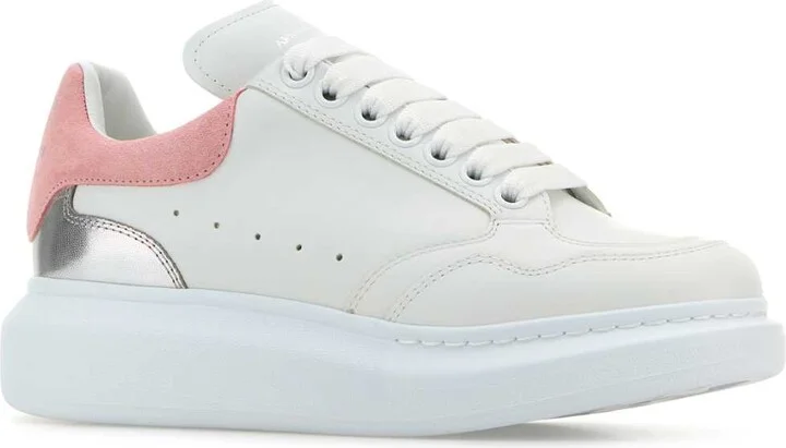 White Leather Sneakers With Pink Suede Heel - Image 2