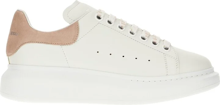 White Leather Sneakers With Pink Suede Heel