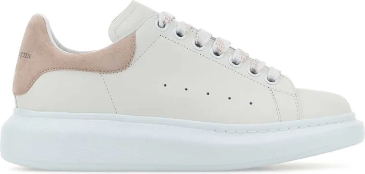 White Leather Sneakers With Powder Pink Suede Heel