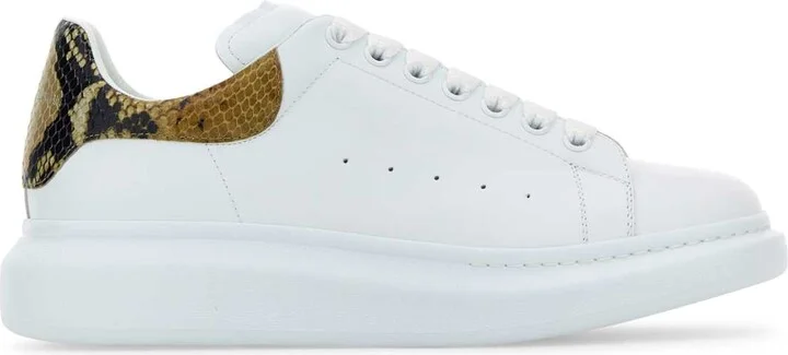 White Leather Sneakers With Printed Leather Heel