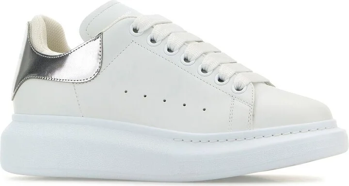 White Leather Sneakers With Silver Leather Heel - Image 2