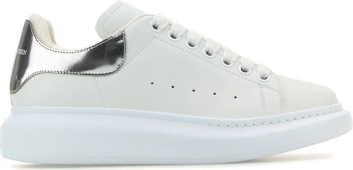 White Leather Sneakers With Silver Leather Heel
