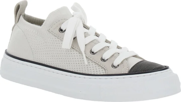 White Low Top Sneaker With Tab On The Heel In Cotton Knit Woman - Image 2