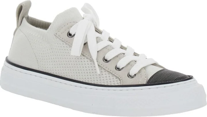 White Low Top Sneaker With Tab On The Heel In Cotton Knit Woman - Image 2