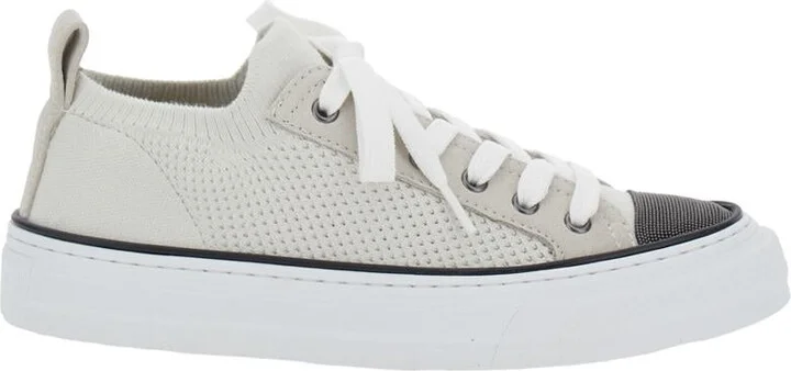 White Low Top Sneaker With Tab On The Heel In Cotton Knit Woman
