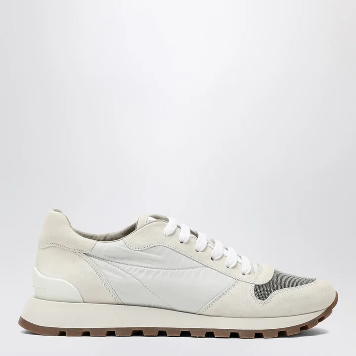 White nylon and suede trainer