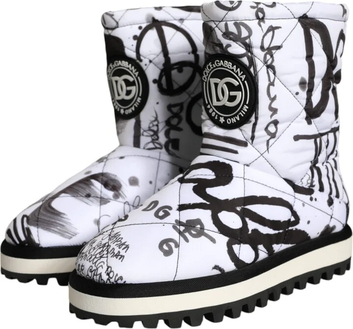 White Padded Logo Print Mid Calf Boots Women's Shoes - Image 3