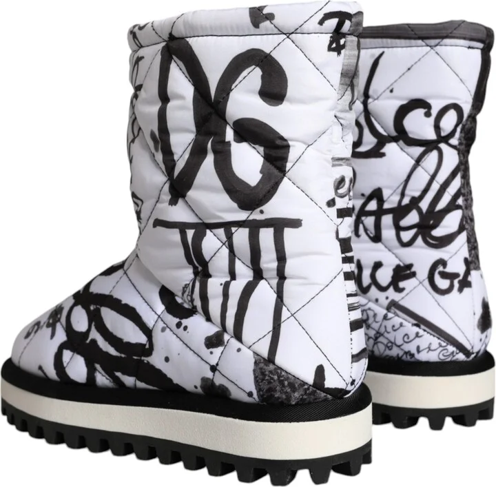 White Padded Logo Print Mid Calf Boots Women's Shoes - Image 4