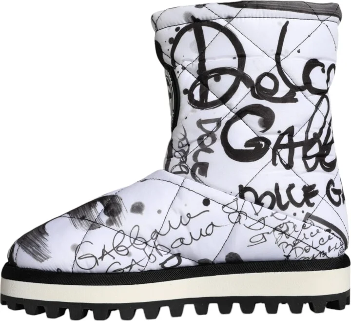 White Padded Logo Print Mid Calf Boots Women's Shoes - Image 5