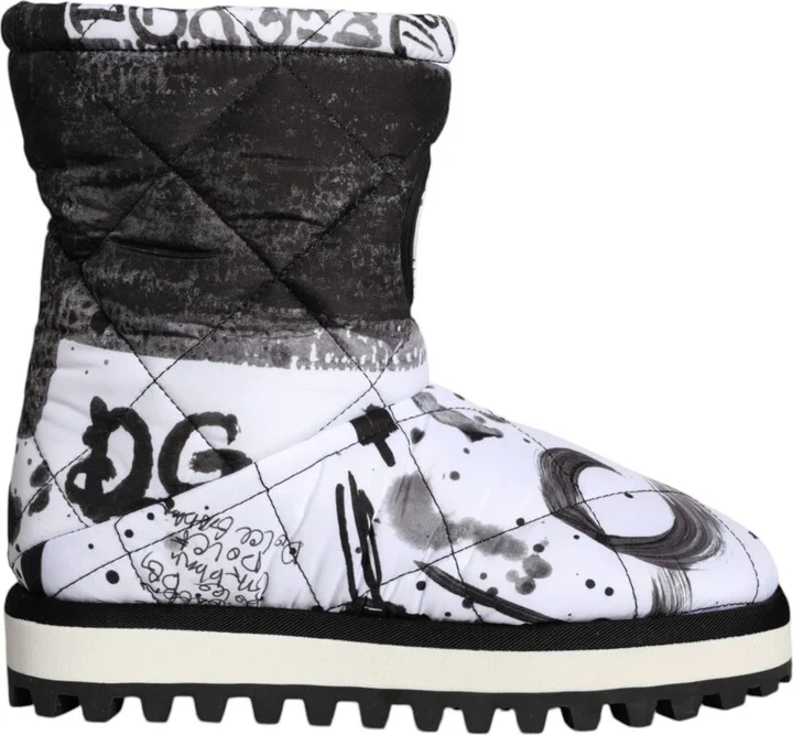 White Padded Logo Print Mid Calf Boots Women's Shoes