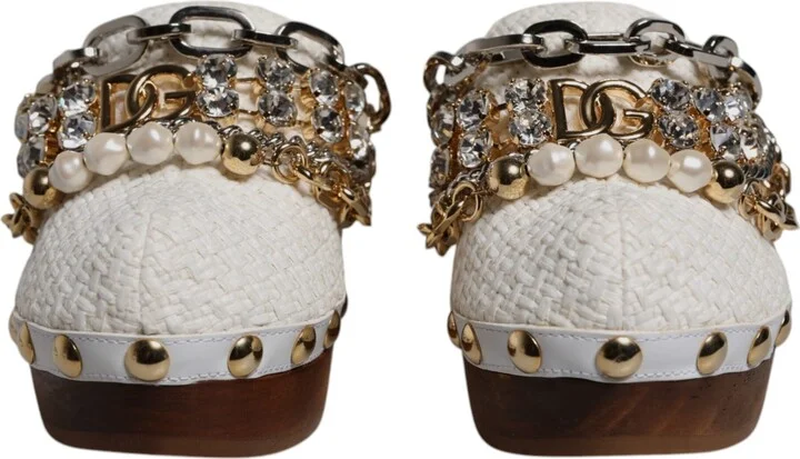 White Raffia Clogs Bejeweled Chain Sandals Women's Shoes - Image 2